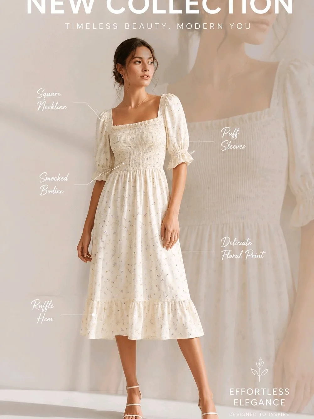 Fin & Vince Cream Midi Dress with Smocked Bodice and Lavender Floral Print